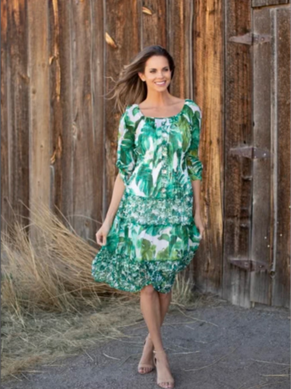 Novelty Green Botanical Floral Dress Size L Cottagecore Boho Midi